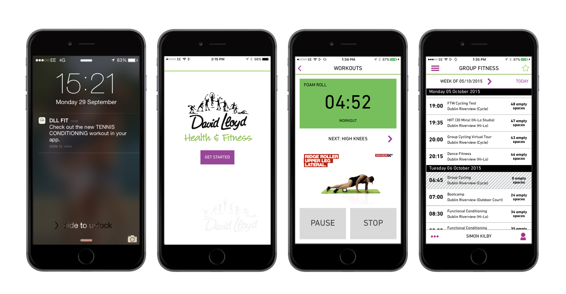 Image of the David Lloyd Leisure Member app platform showing workouts, bookings and timetables